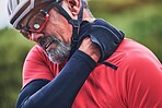 Man, cyclist and neck injury in sports accident, emergency or broken bone and fitness in nature. Closeup of male person or athlete with sore pain, ache or joint inflammation from cycling or fall