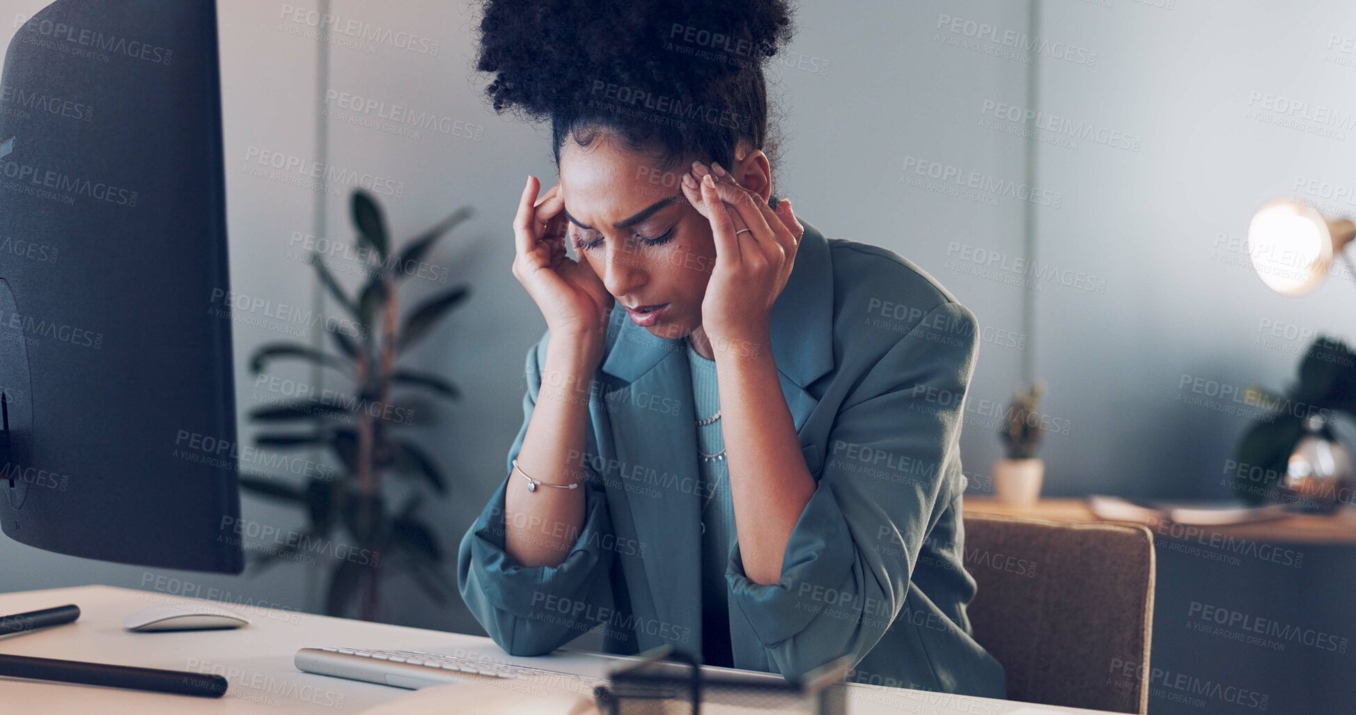 Buy stock photo Business woman, stress and headache on computer for marketing mistake, report deadline and research at night. African person, worker or editor with pain, anxiety or tired of copywriting job in office