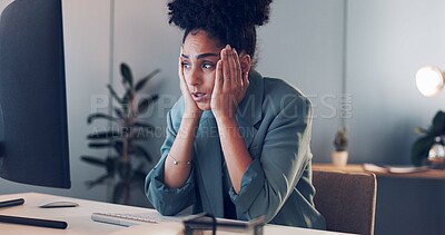 Buy stock photo Business woman, stress and crisis on computer for marketing mistake, report deadline or research at night. African person, worker or editor in fear, worried or anxiety for wrong email or online error