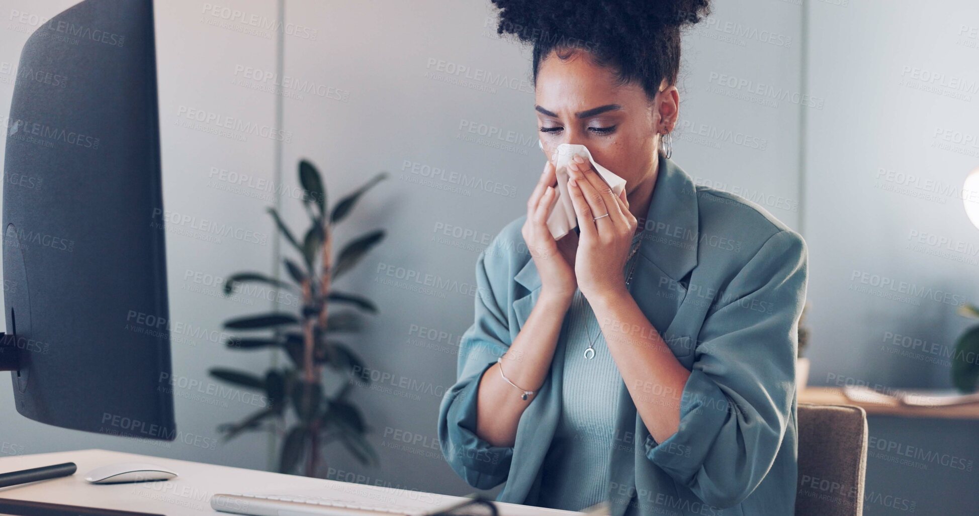 Buy stock photo Business, woman and sneeze in office, computer and sickness. Female entrepreneur, administrator and tissue for illness, flu and employee girl with sinus, allergies and corporate planning for startup