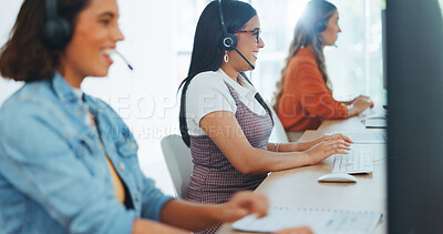 Buy stock photo Telemarketing, staff and office with customer service, call center and contact us work with smile. Women, crm and phone consulting in agency with working, employee and happy at desk with workers