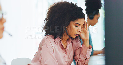 Buy stock photo Woman, call center and headache in stress, mistake or burnout in customer service or support at office. Frustrated female person or consultant agent in burnout, mental health or anxiety in contact us