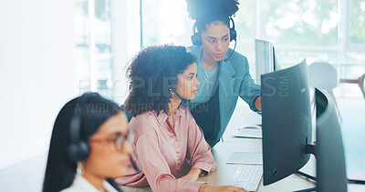 Buy stock photo Woman, call center and coaching in customer service, support or telemarketing together at office. Female person, mentor or consultant agent training staff or employee for online advice in contact us