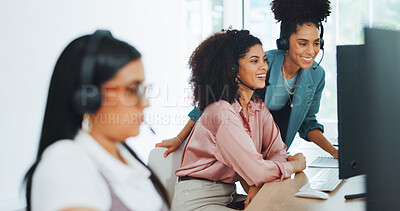 Buy stock photo Call center, office collaboration and business women at computer with teamwork for telemarketing. Consulting, crm and staff with contact us and web management with planning and customer support