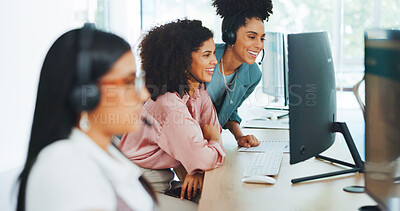 Buy stock photo Call center, office collaboration and business women at computer with teamwork for telemarketing. Consulting, crm and staff with contact us and web management with planning and customer support