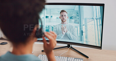 Buy stock photo Computer screen, video call and business woman training for customer support, contact us and CRM education webinar. Speaker, mentor and online meeting on technology for telemarketing conference help