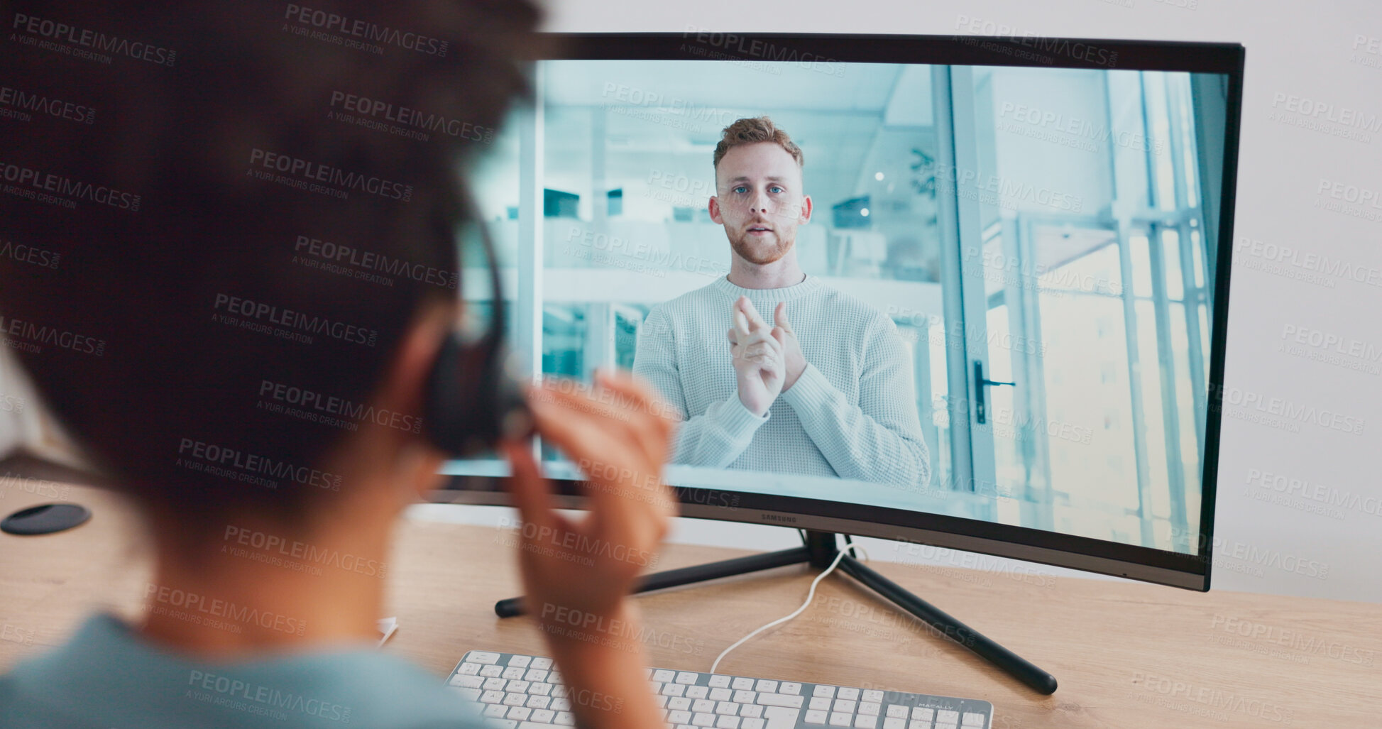 Buy stock photo Computer screen, video call and business woman training for customer support, contact us and CRM education webinar. Speaker, mentor and online meeting on technology for telemarketing conference help