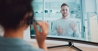 Buy stock photo Computer screen, video call or business man training woman for customer support, contact us or CRM education webinar. Speaker, mentor or online meeting on technology for telemarketing conference help