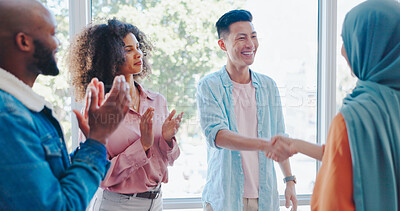 Buy stock photo Handshake, success and diversity with business people in office for teamwork, support and thank you. Celebration, community and meeting with employees and applause for motivation, welcome and deal