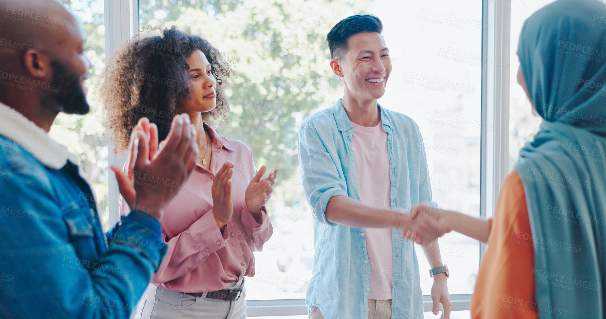 Buy stock photo Handshake, success and diversity with business people in office for teamwork, support and thank you. Celebration, community and meeting with employees and applause for motivation, welcome and deal