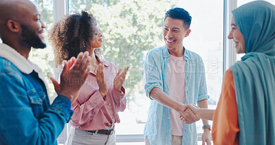 Buy stock photo Handshake, success and applause with business people in office for teamwork, support and thank you. Celebration, community and meeting with employees and diversity for motivation, welcome and deal