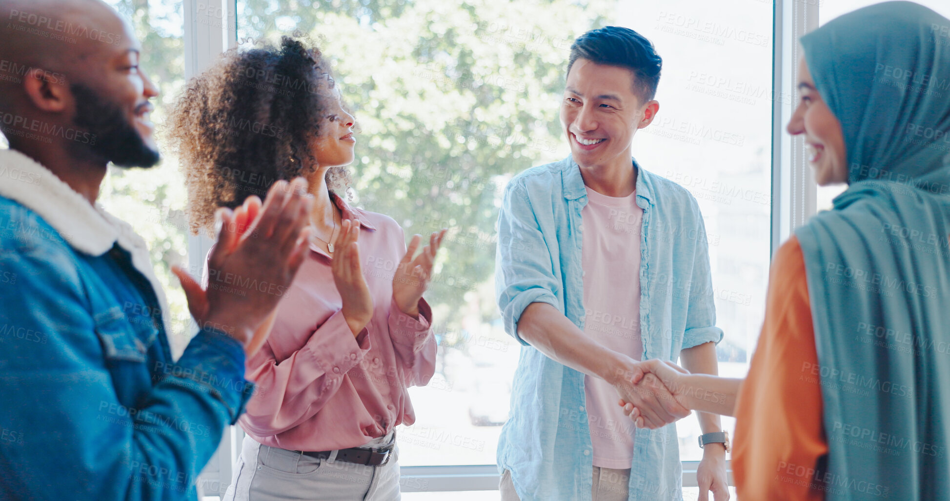 Buy stock photo Handshake, success and applause with business people in office for teamwork, support and thank you. Celebration, community and meeting with employees and diversity for motivation, welcome and deal