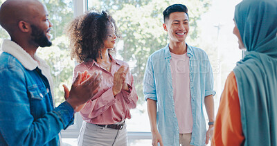 Buy stock photo Happy creative people, applause and meeting in team promotion, winning or startup together at office. Group of employees or colleagues clapping in celebration, happiness or teamwork at workplace