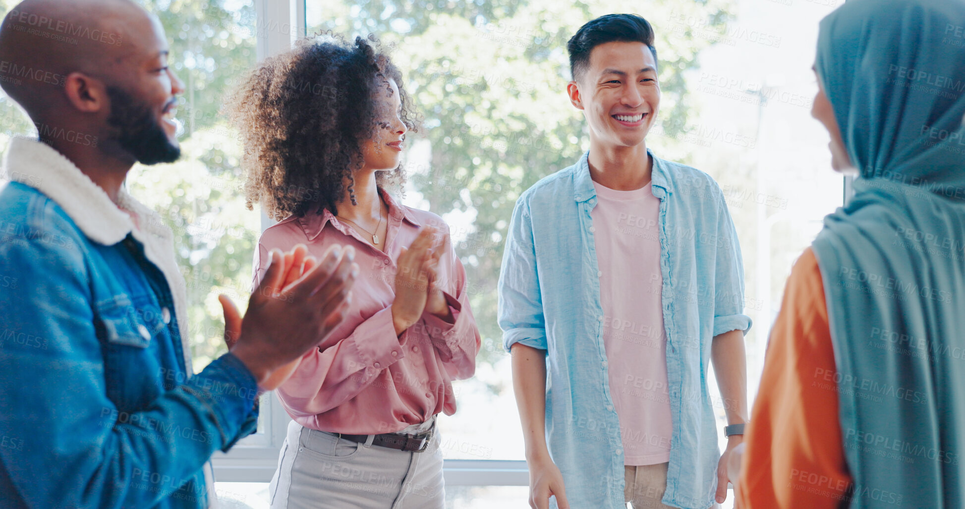 Buy stock photo Happy creative people, applause and meeting in team promotion, winning or startup together at office. Group of employees or colleagues clapping in celebration, happiness or teamwork at workplace