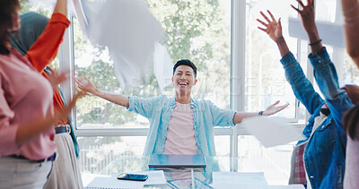 Buy stock photo Asian man, celebration and business people with documents in air for achievement, winner and success. Teamwork, collaboration and men and women throw paperwork for kpi goals, bonus and startup growth