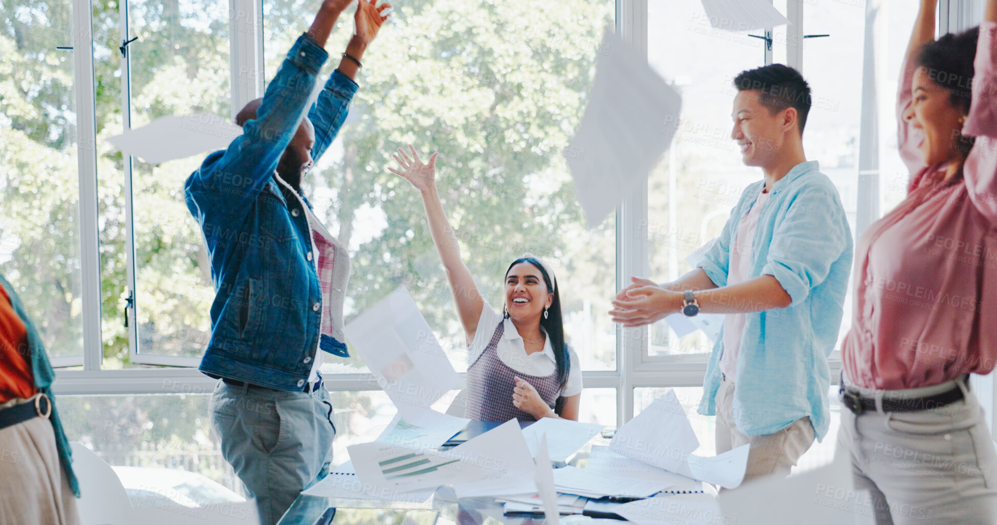 Buy stock photo Excited, celebration and business people with documents in air for achievement, victory and winning. Teamwork, creative office and men and women throw paperwork for kpi goals, bonus or startup growth