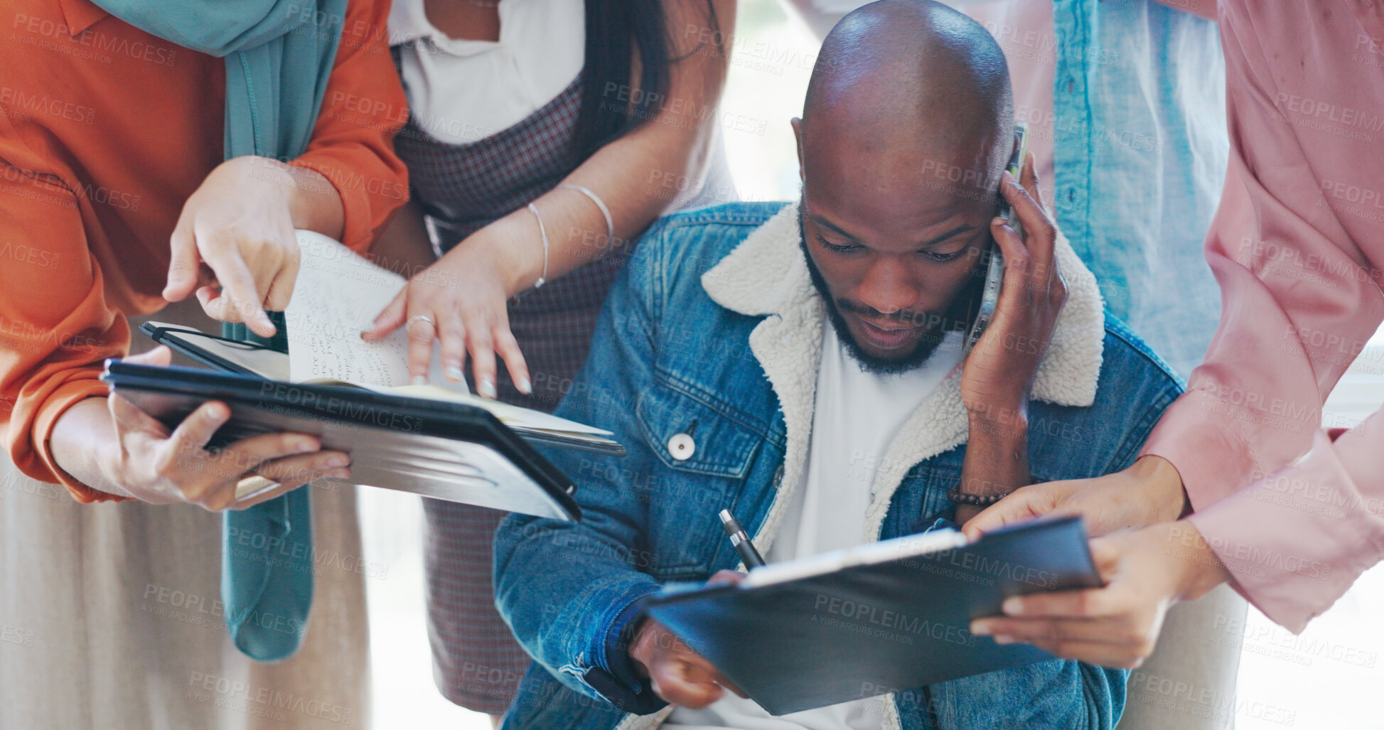 Buy stock photo Stress, phone call and overworked and business with black man for documents, anxiety and multitasking. Schedule, deadline and burnout with person in office for workflow, frustrated and chaos