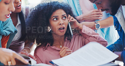 Buy stock photo Stress, phone call and multitasking with business woman for documents, anxiety and overworked. Schedule, deadline and burnout with person in office for workflow, frustrated and time management