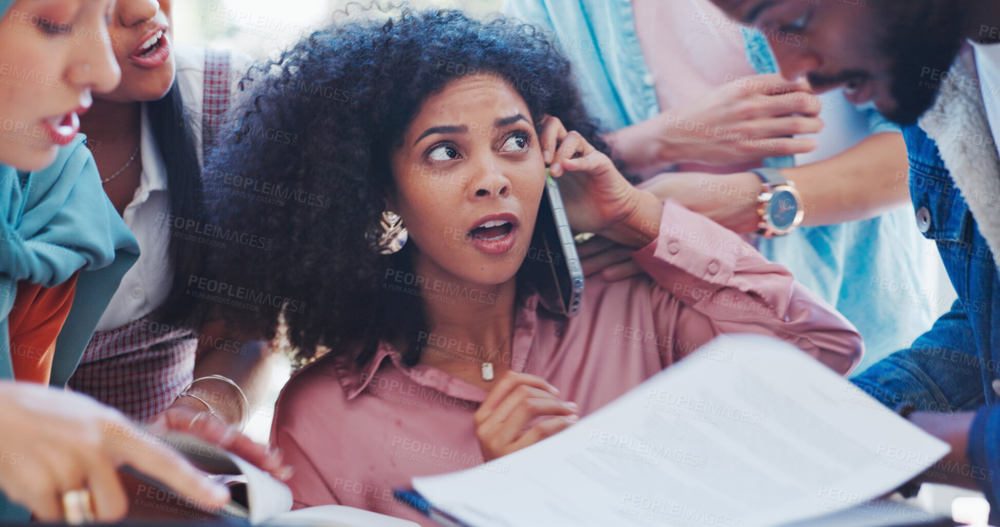 Buy stock photo Stress, phone call and multitasking with business woman for documents, anxiety and overworked. Schedule, deadline and burnout with person in office for workflow, frustrated and time management