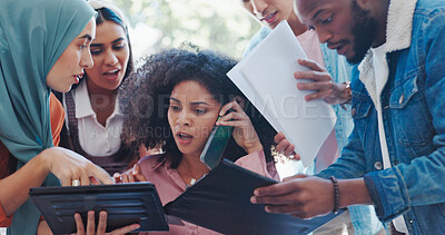 Buy stock photo Stress, phone call and frustrated with business woman for documents, anxiety and multitasking. Schedule, deadline and burnout with person and chaos office for workflow, overworked and time management