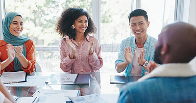 Buy stock photo Business people, applause or success in creative meeting for promotion, celebration or inclusive company achievement. Smile, clapping or designer teamwork of man, women or support in congratulations