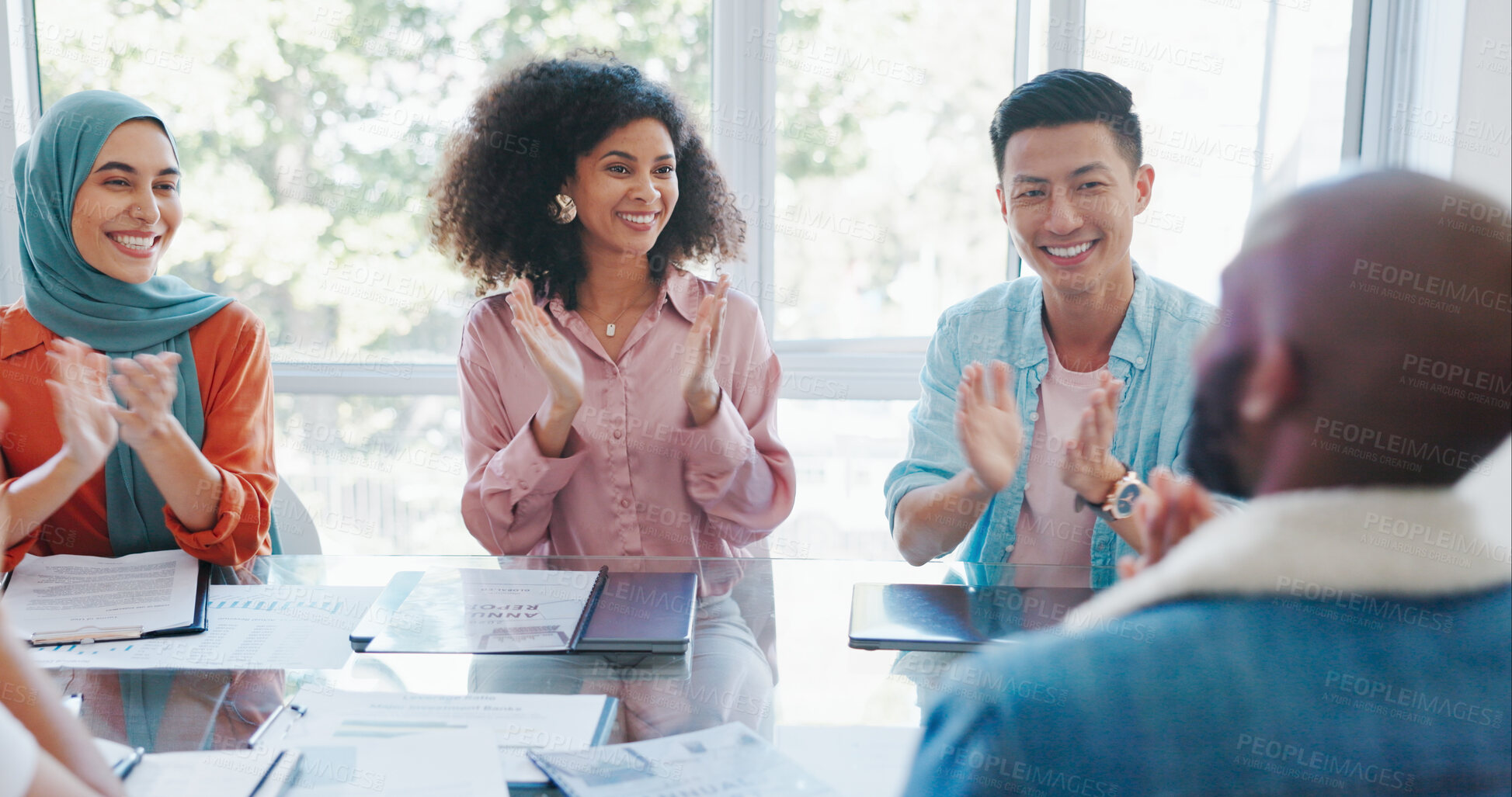 Buy stock photo Business people, applause or success in creative meeting for promotion, celebration or inclusive company achievement. Smile, clapping or designer teamwork of man, women or support in congratulations