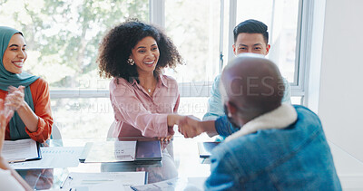 Buy stock photo Handshake, business deal and achievement with management, agreement and onboarding. Partnership, thank you and welcome with collaboration and professional people in office meeting with contract