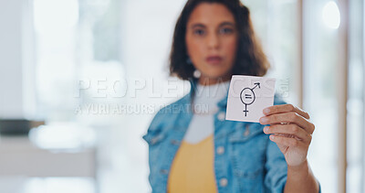 Buy stock photo Business, woman and paper with gender equality in hand for income, equity and fair salary opportunity and human rights. Justice, symbol and person with poster or card for feminism sign in workplace