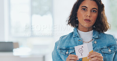 Buy stock photo Woman, protest and paper with gender equality in hand for income, equity and fair salary opportunity and human rights. Justice, symbol and person with poster or card for feminism sign at workplace