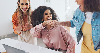 Buy stock photo Success, teamwork and fist bump with business people in office for bonus, celebration and winner. Promotion, growth and target with women in creative agency for achievement, profit and goals together