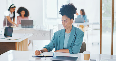 Buy stock photo Book, writer and woman on desk in office, startup and working on business project. Notebook, creative and African professional at table, writing ideas and planning reminder for schedule in journal.