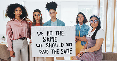 Buy stock photo Portrait, poster and equality with business women in the office to protest for human rights in the office. Mission, change and justice with a female employee group on the workplace for equal pay