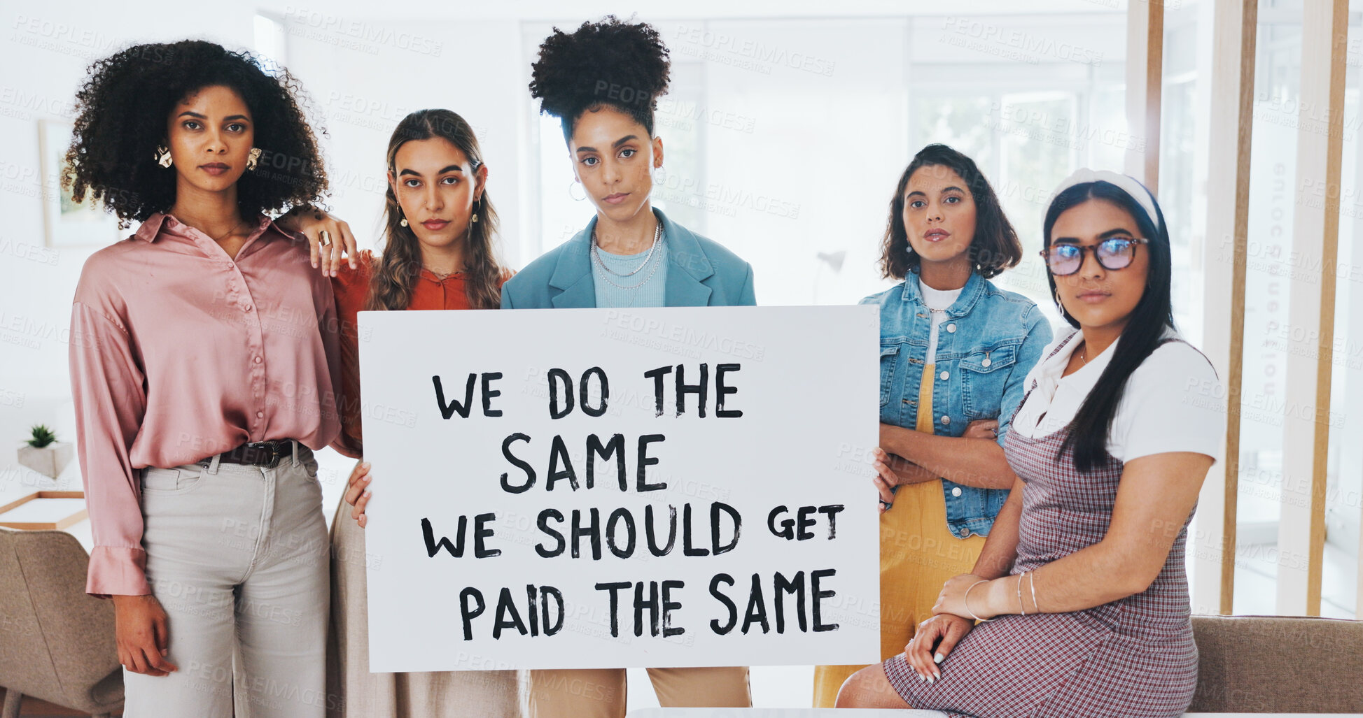 Buy stock photo Portrait, poster and equality with business women in the office to protest for human rights in the office. Mission, change and justice with a female employee group on the workplace for equal pay