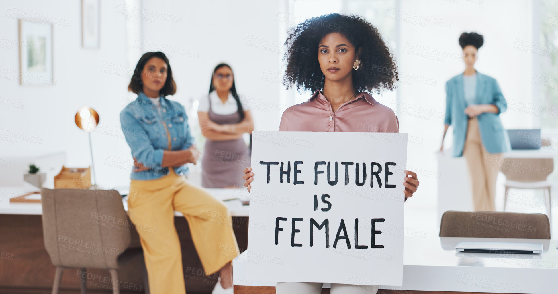 Buy stock photo Women with poster, portrait and inclusion, gender equality in workplace with human rights, justice and change. Revolution, professional activism for equal pay with empowerment, feminism and protest