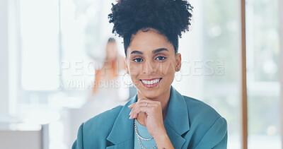 Buy stock photo Portrait of woman in creative agency with smile, confidence and pride in admin at design agency. Face of female designer at modern office desk, manager at startup with happiness and coworking space.