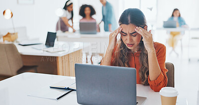 Buy stock photo Business woman, laptop and headache in depression, stress or mistake in mental health or overworked at office. Frustrated female person on computer with anxiety, migraine or burnout at workplace