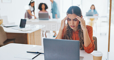 Buy stock photo Frustrated woman, laptop and headache in stress, burnout or mistake in mental health or overworked at office. Female business person on computer with anxiety, migraine or depression at workplace