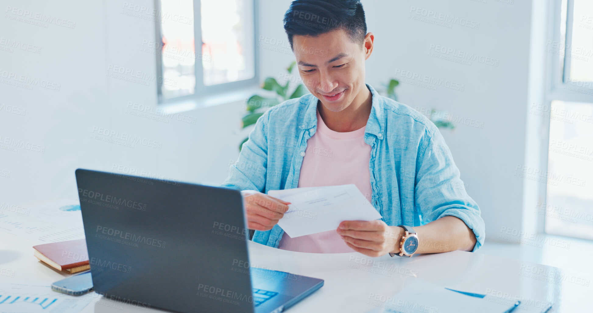 Buy stock photo Logistics, letter and an Asian man in an office for communication, ecommerce or reading paperwork. Smile, commercial and a businessman with a note, report or document with information on an invoice