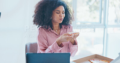 Buy stock photo Break, office and a woman with pizza for lunch, enjoying a food delivery or brunch at work. Happy, business and a young corporate enmployee eating a meal, dinner or hungry at a desk or workspace