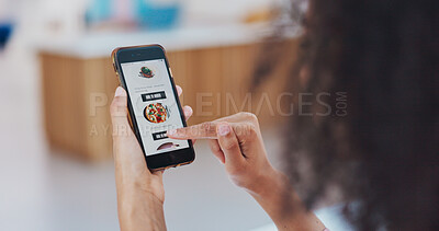Buy stock photo Phone screen, hands and food menu, online shopping and delivery with mobile app and connectivity. E commerce, person with meal choice and commercial, catalog with search on restaurant website