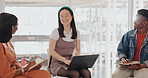 Business people. Asian woman and laptop with productivity meeting and feedback with project, graphic design and modern office. Staff, group and leader with teamwork, technology and progress report