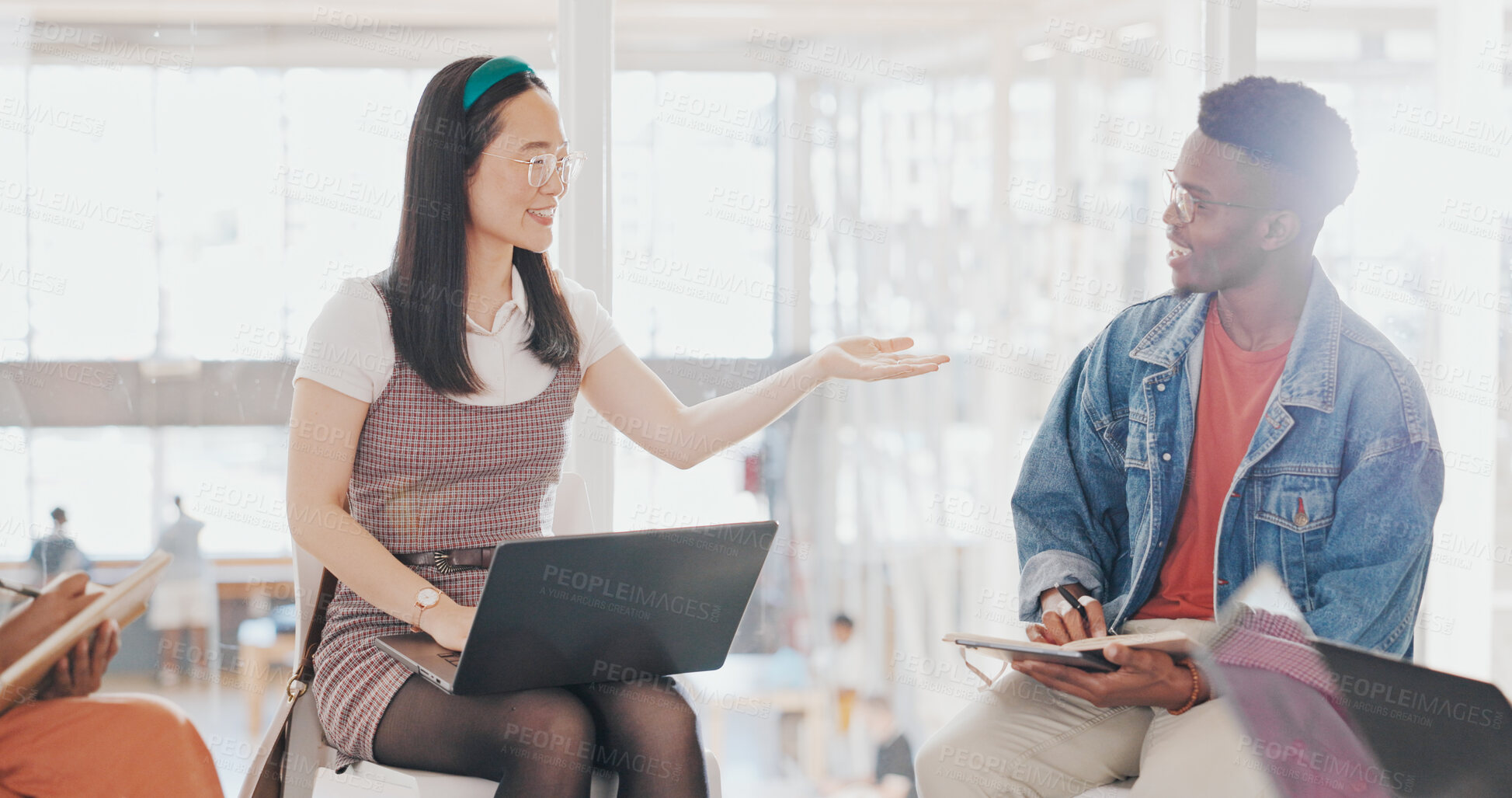 Buy stock photo Black man, startup or woman with laptop problem solving in office for diversity, planning or digital strategy. Teamwork, Asian or happy discussion in conversation for online ideas, notes or support