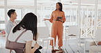 Presentation, discussion and business people in a meeting in an office for planning a creative project. Diversity, speaker and professional designers working in collaboration or teamwork in workplace