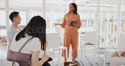 Buy stock photo Presentation, discussion and business people in a meeting in an office for planning a creative project. Diversity, speaker and professional designers working in collaboration or teamwork in workplace