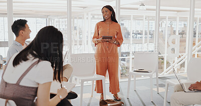 Buy stock photo Meeting, black woman and speaker with business people in office for research, brainstorming or discussion. Planning, presenter and professional designers working in collaboration on creative project.