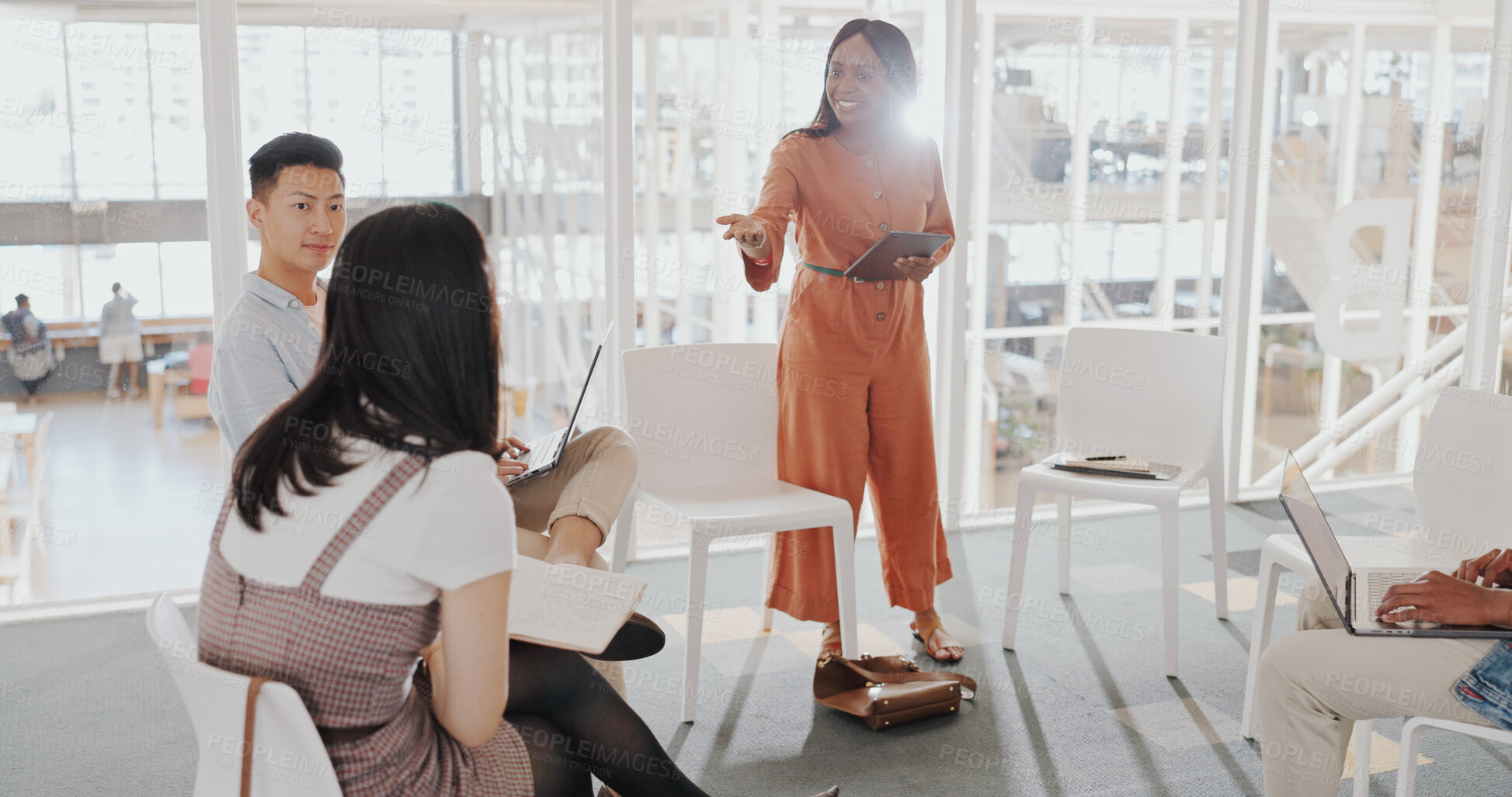 Buy stock photo Presentation, meeting and speaker with business people in an office for research, planning and discussion. Diversity, mentor and professional designers working in collaboration on a creative project.