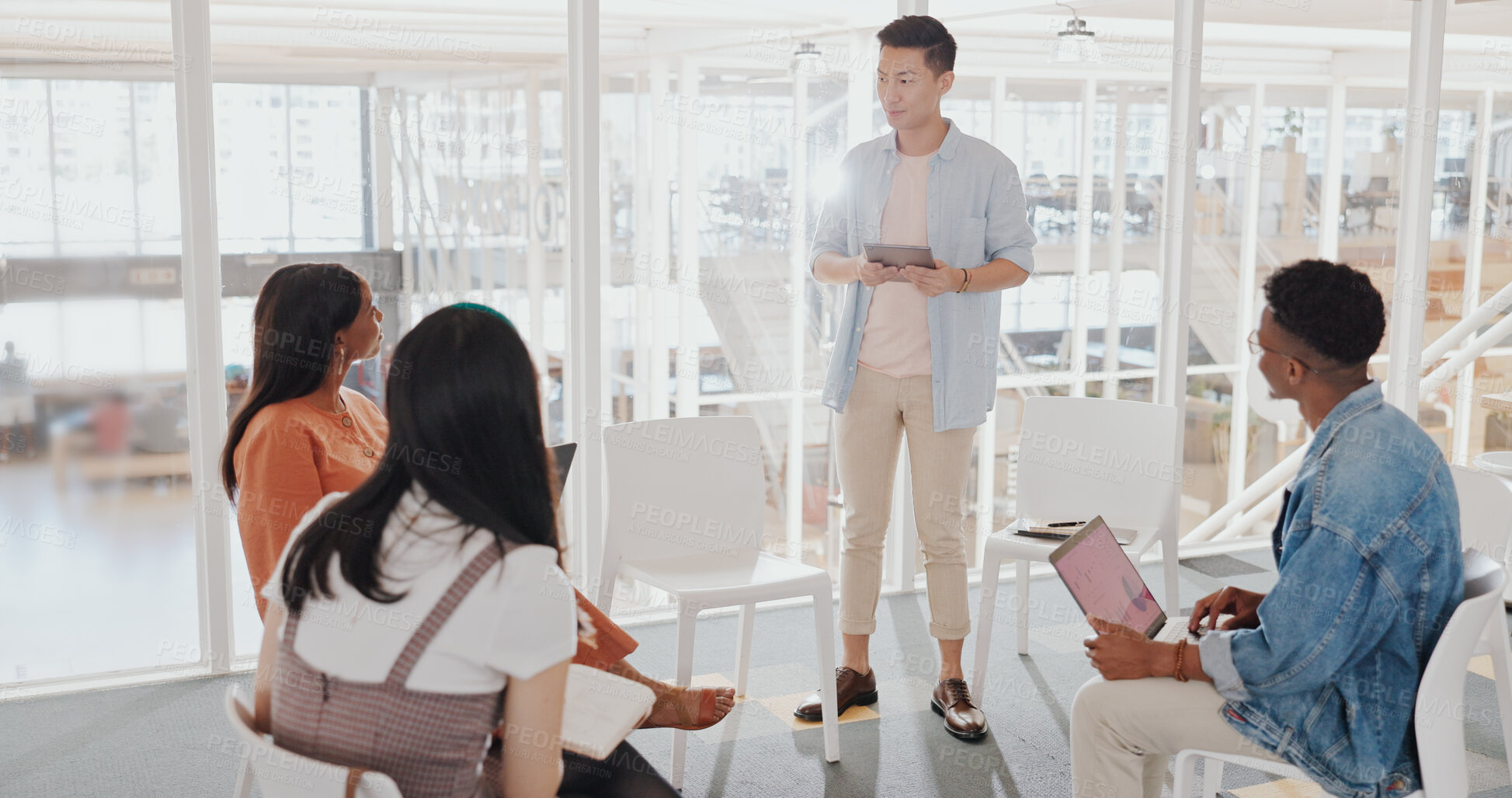 Buy stock photo Meeting, teamwork and presenter with business people in an office for research, planning and discussion. Speaker, mentor and professional designers working in collaboration on a creative project.