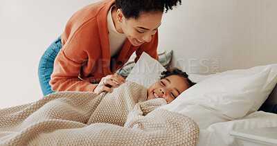 Buy stock photo Morning, care and a mother and child in the bedroom to wake up, bonding and laughing together. Happy, family and a young mom with love, relaxing and comfort with a girl kid in bed in a house