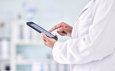 Buy stock photo Doctor, phone and hands typing in research, social media or communication and networking at hospital. Closeup of medical nurse or healthcare professional on mobile smartphone for health app at clinic