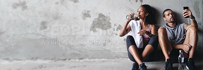 Buy stock photo Break, fitness and banner of a couple with a phone for communication or water after exercise. Urban, relax and a man and woman with mockup space, mobile and a drink for training, health and app